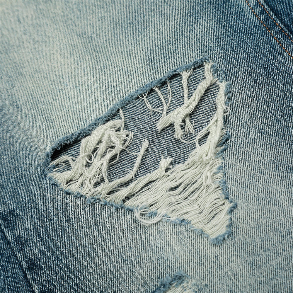 Post-Apocalyptic Style Heavy-Work Distressed Faded Washed Denim Trousers Men's High Street Retro Faded Vintage Straight Leg Long Pants