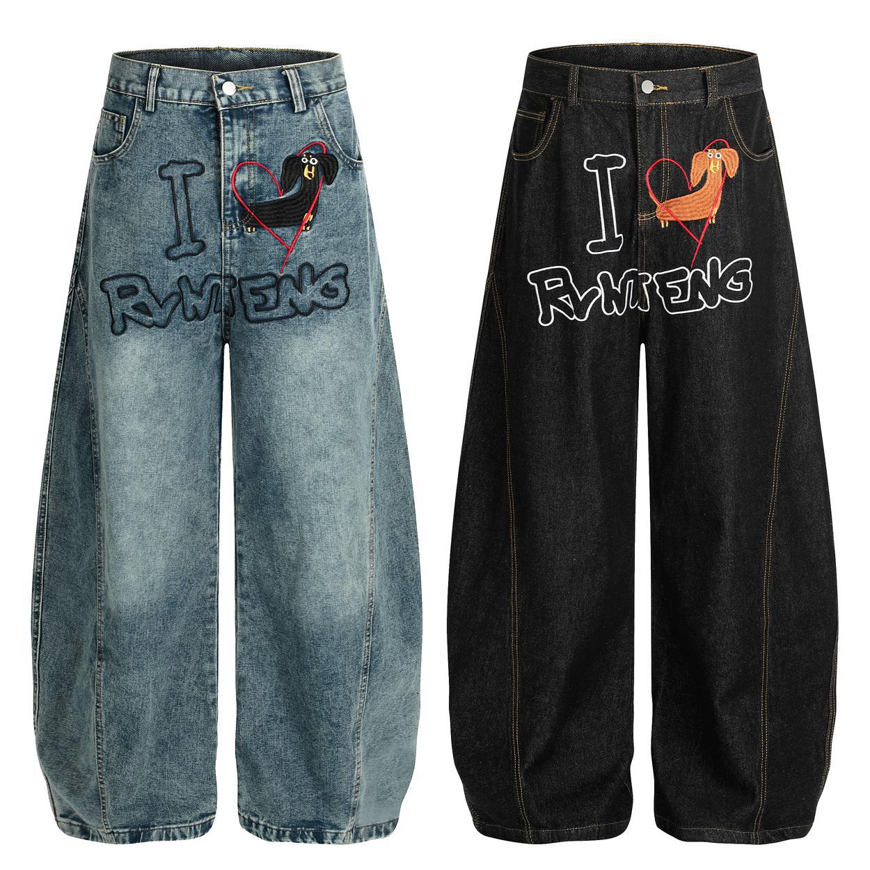 Embroidered puppy baggy curved knife jeans