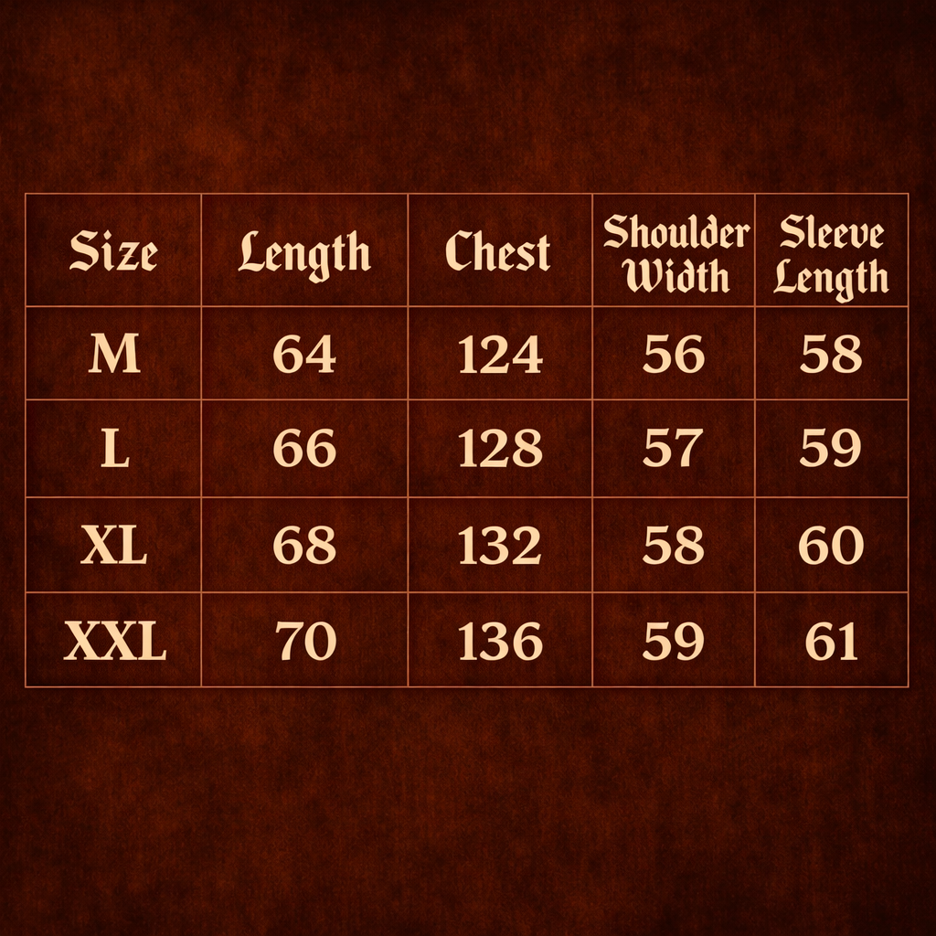 MarkedLeather streetwear bomber jacket size chart showing length chest shoulder width and sleeve length for M L XL XXL