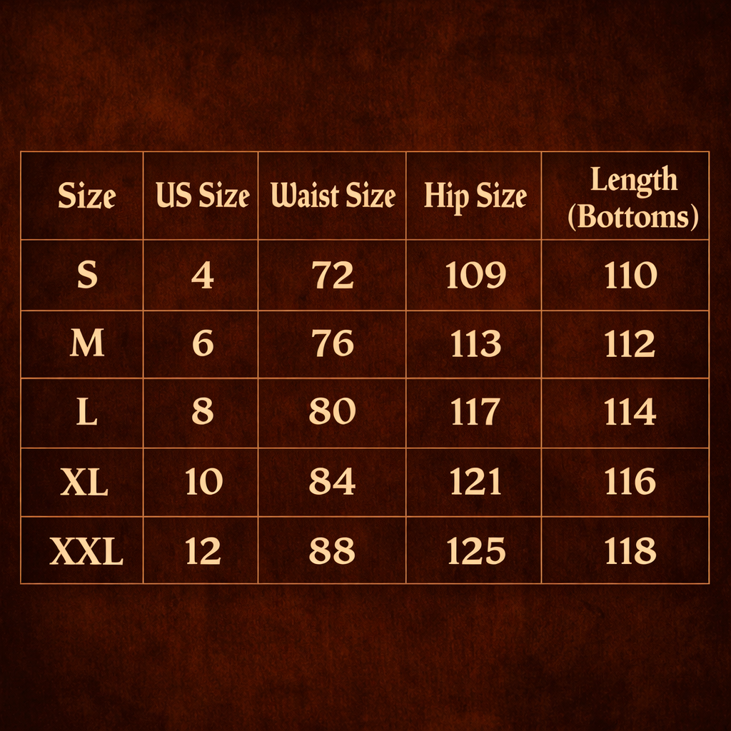 BladeWasteland streetwear pants size chart showing waist hip and length measurements for S M L XL XXL