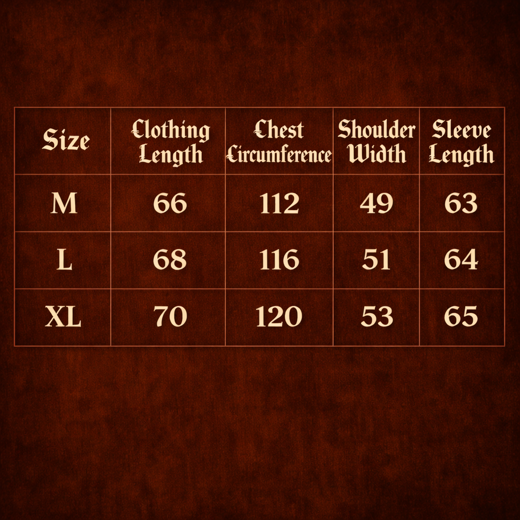 Cathedralink streetwear long sleeve shirt size chart showing clothing length, chest circumference, shoulder width and sleeve length for M, L and XL sizes