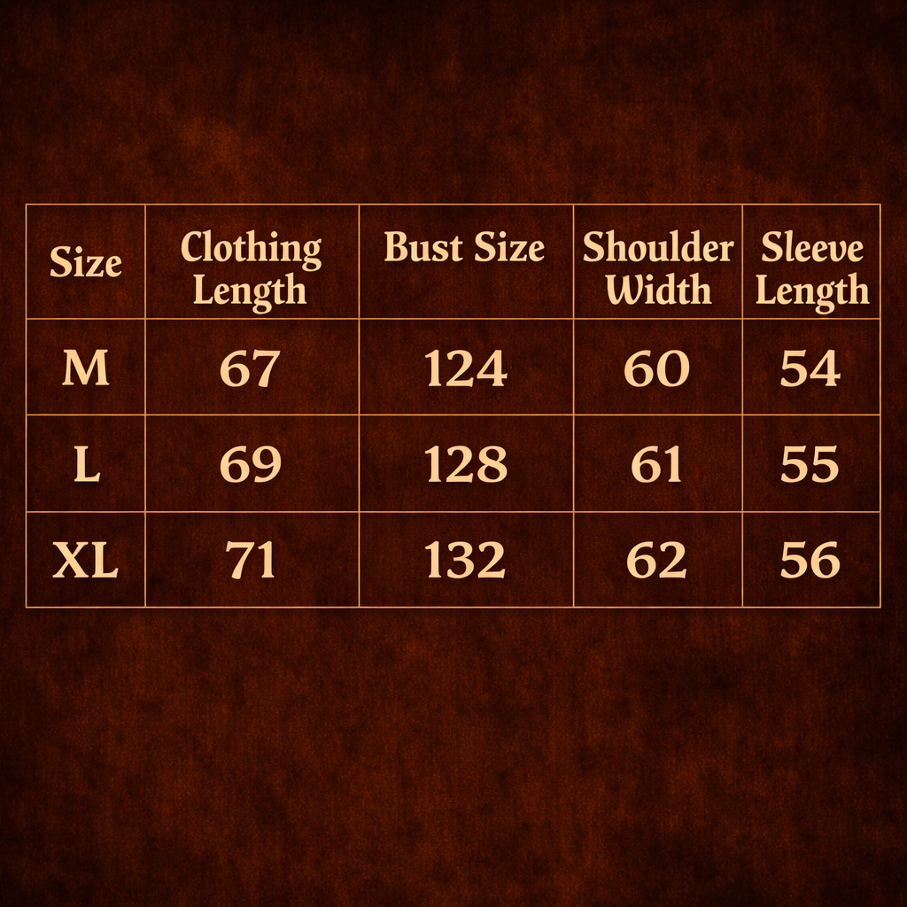 ARC NightDye streetwear jacket size chart showing clothing length bust shoulder width and sleeve length measurements