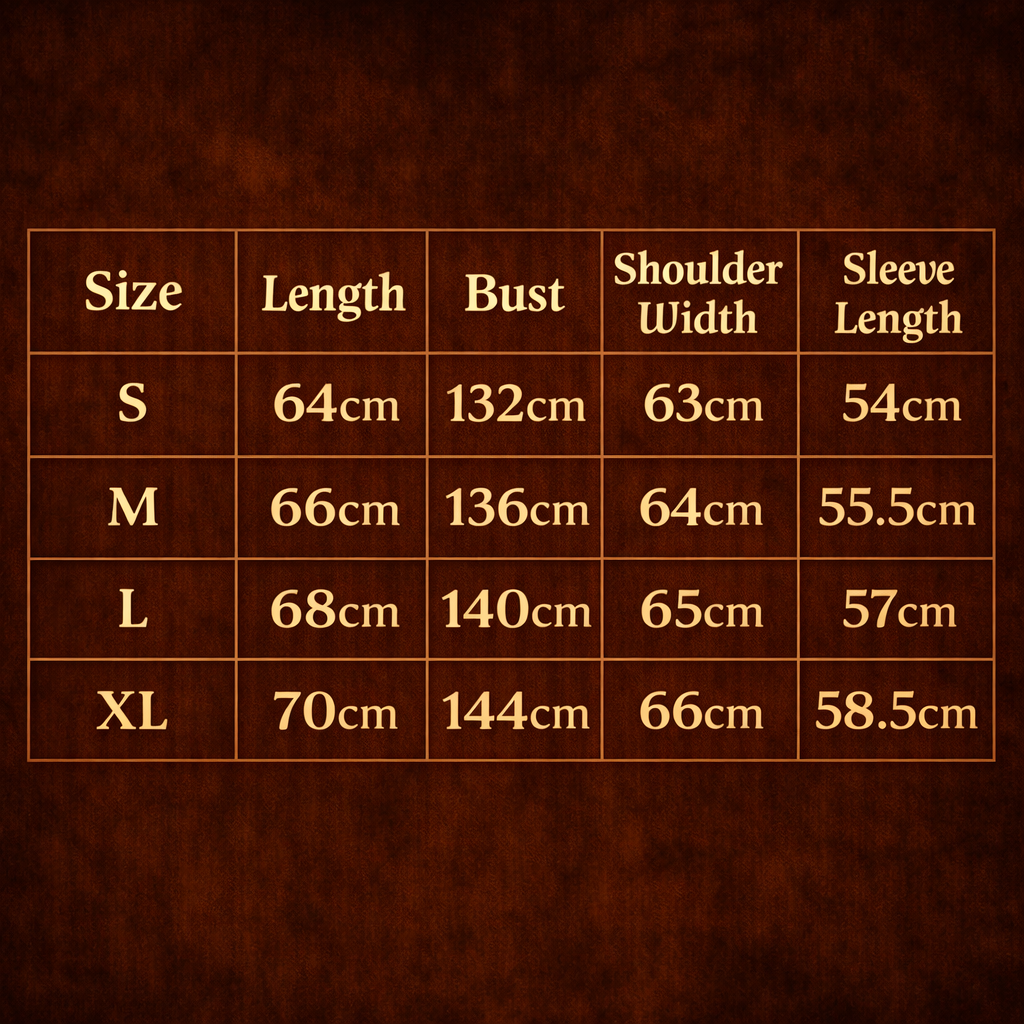 ARC DuneLock streetwear jacket size chart showing length bust shoulder width and sleeve measurements