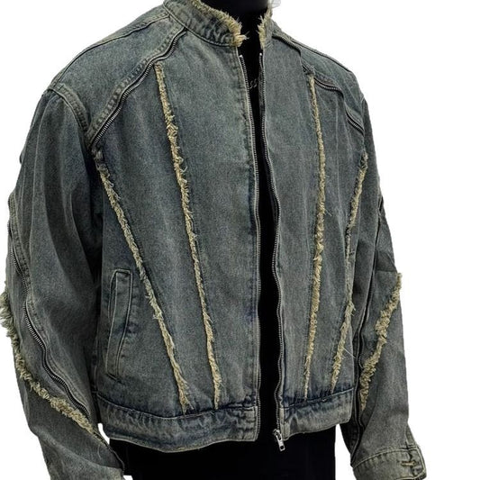 Retro Deconstruction Fringed Washed Denim Jacket – Vintage Edge, Modern Street Vibe