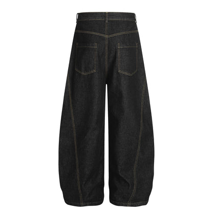 Embroidered puppy baggy curved knife jeans