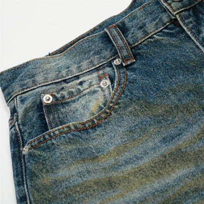 Post-Apocalyptic Style Heavy-Work Distressed Faded Washed Denim Trousers Men's High Street Retro Faded Vintage Straight Leg Long Pants