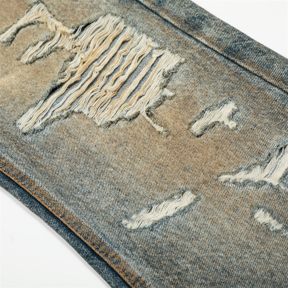 Post-Apocalyptic Style Heavy-Work Distressed Dirty Denim Long Pants Trendy Men's Punk Beggars Trousers Vintage Wash Loose Straight Leg