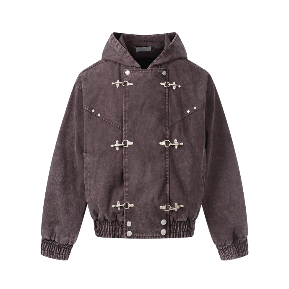 ARC DuneLock brown hooded street jacket front view with metal clasp detailing and loose fit