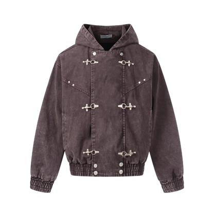 ARC DuneLock brown hooded street jacket front view with metal clasp detailing and loose fit