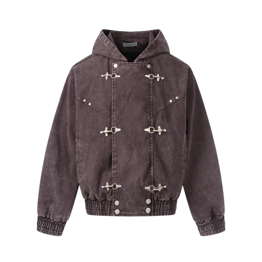 ARC DuneLock brown hooded street jacket front view with metal clasp detailing and loose fit