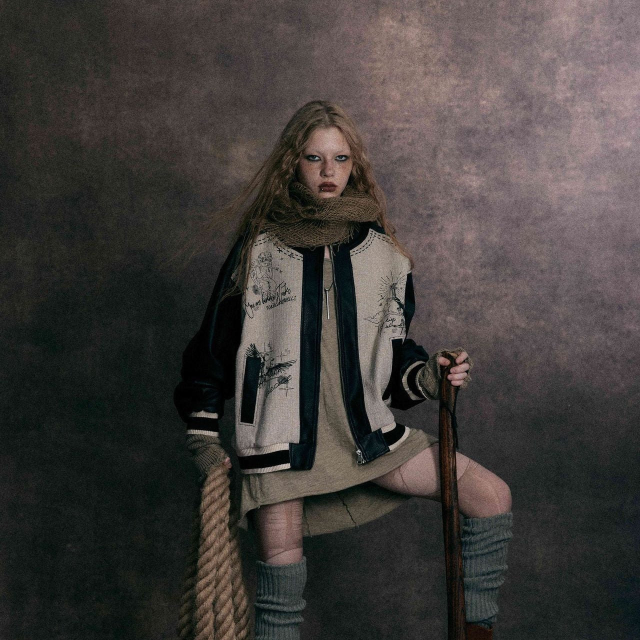 Model wearing MarkedLeather street style bomber jacket with contrast leather sleeves and graphic print