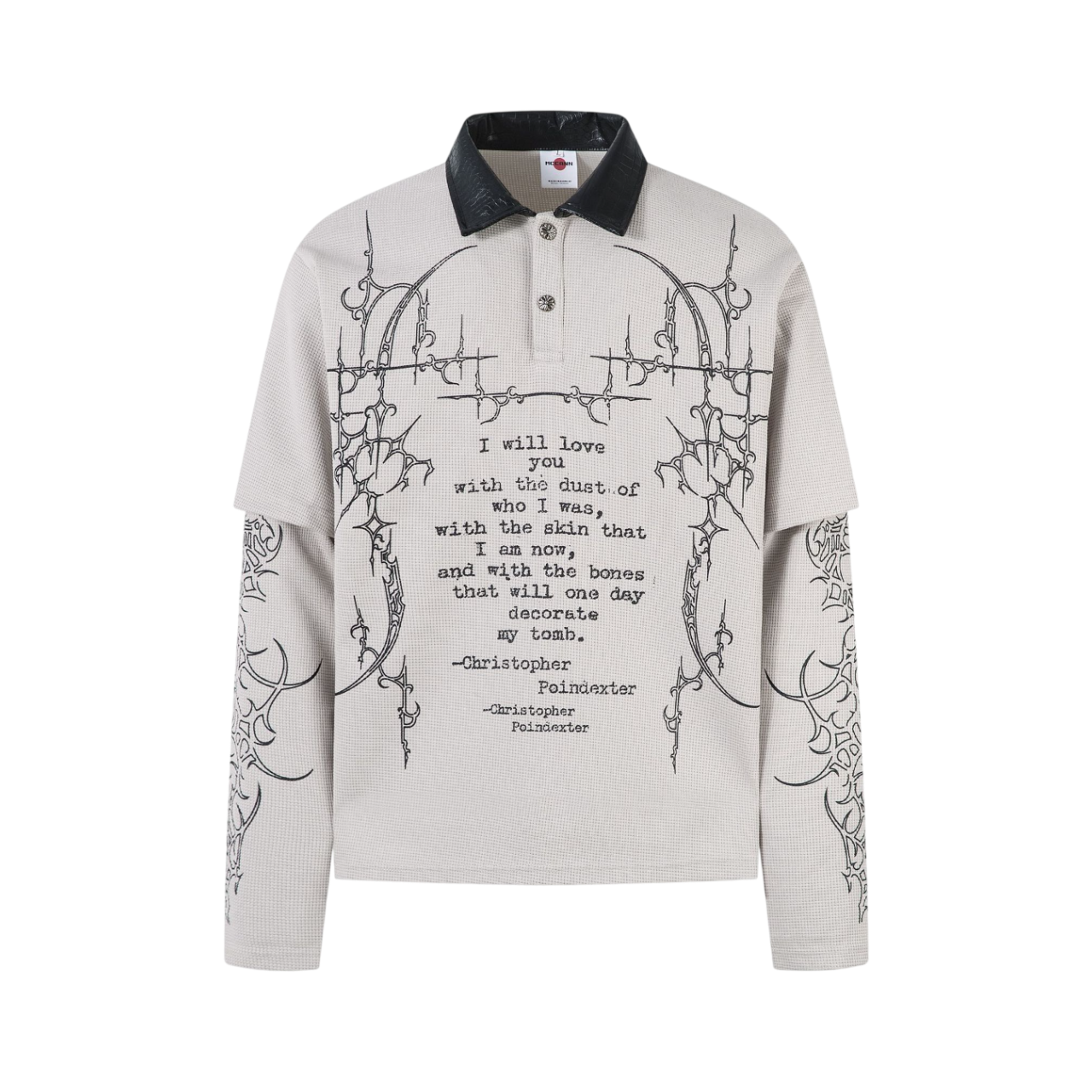 Cathedralink white gothic graphic long sleeve shirt with black leather collar and Christopher Poindexter quote print