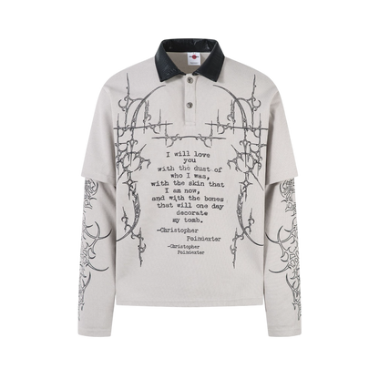 Cathedralink white gothic graphic long sleeve shirt with black leather collar and Christopher Poindexter quote print