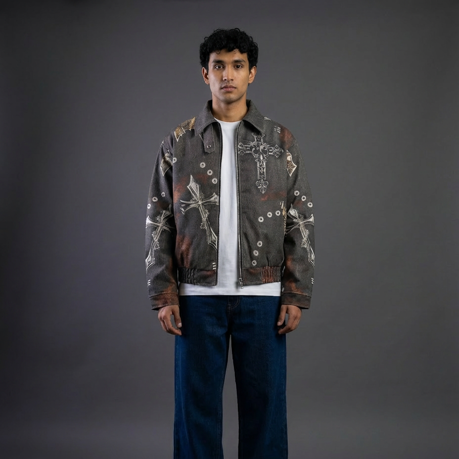 ARC BoxDrift graphic streetwear jacket front view worn by model with vintage cross print design