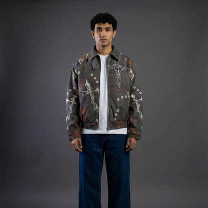 ARC BoxDrift graphic streetwear jacket front view worn by model with vintage cross print design