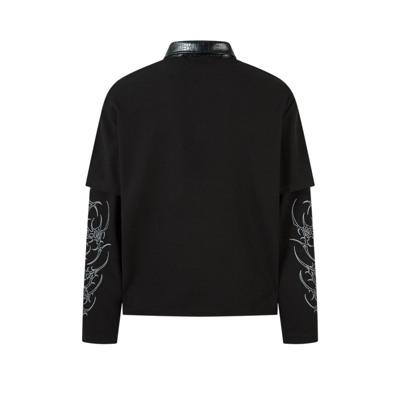 Cathedralink black long sleeve streetwear shirt back view with layered sleeves and minimal gothic aesthetic