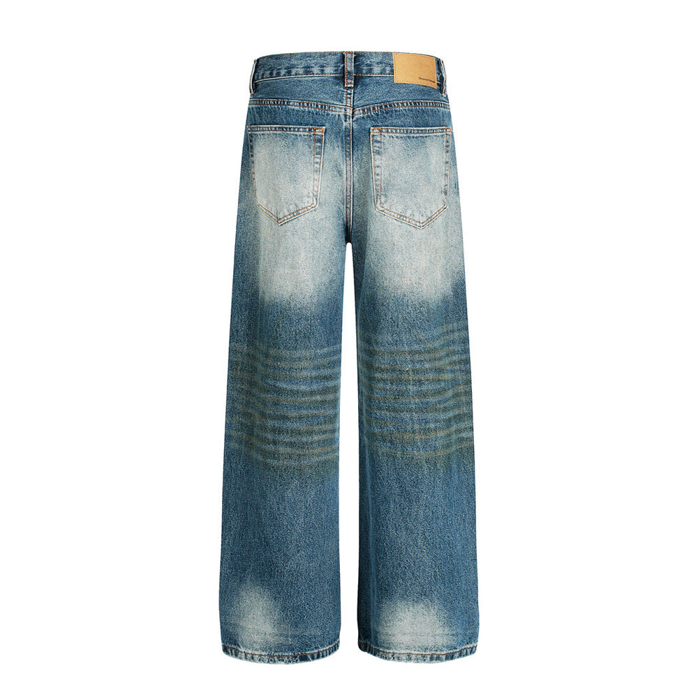 Post-Apocalyptic Style Heavy-Work Distressed Faded Washed Denim Trousers Men's High Street Retro Faded Vintage Straight Leg Long Pants
