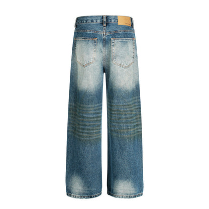 Post-Apocalyptic Style Heavy-Work Distressed Faded Washed Denim Trousers Men's High Street Retro Faded Vintage Straight Leg Long Pants