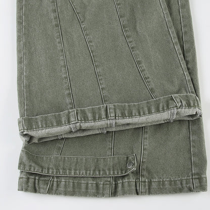 Street Style Green Flare Jeans – Water-Washed & Utility-Inspired