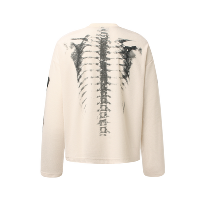 Apricot GravePrint long sleeve streetwear shirt back view featuring spine skeleton graphic design