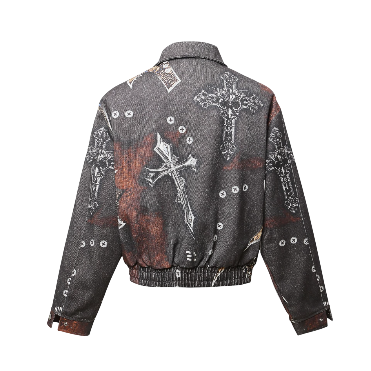 ARC BoxDrift streetwear jacket back view with cross graphic pattern and relaxed fit silhouette