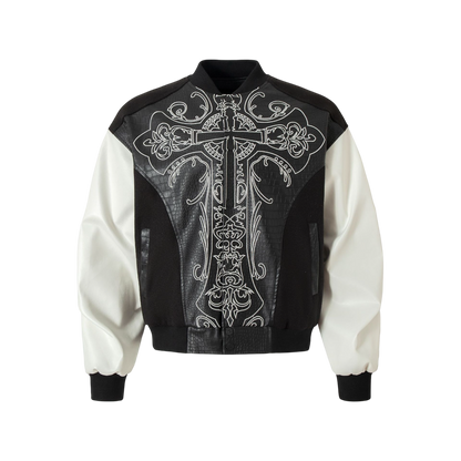 BlackSanctum black gothic streetwear jacket front view with cross graphic and stand collar