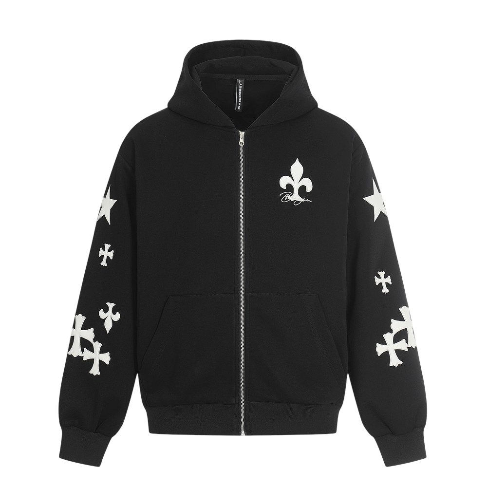 ARC FrostCross black streetwear zip hoodie front view with cross sleeve graphics and hooded zip design