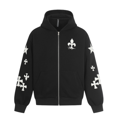 ARC FrostCross black streetwear zip hoodie front view with cross sleeve graphics and hooded zip design