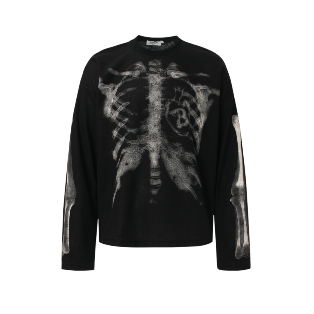 Black GravePrint skeleton graphic long sleeve streetwear tee with rib cage print and relaxed fit