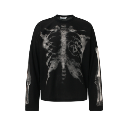 Black GravePrint skeleton graphic long sleeve streetwear tee with rib cage print and relaxed fit