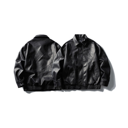 Casual Sand-Washed Heavy Work PU Leather Jacket Men and Women Motorcycle Jacket