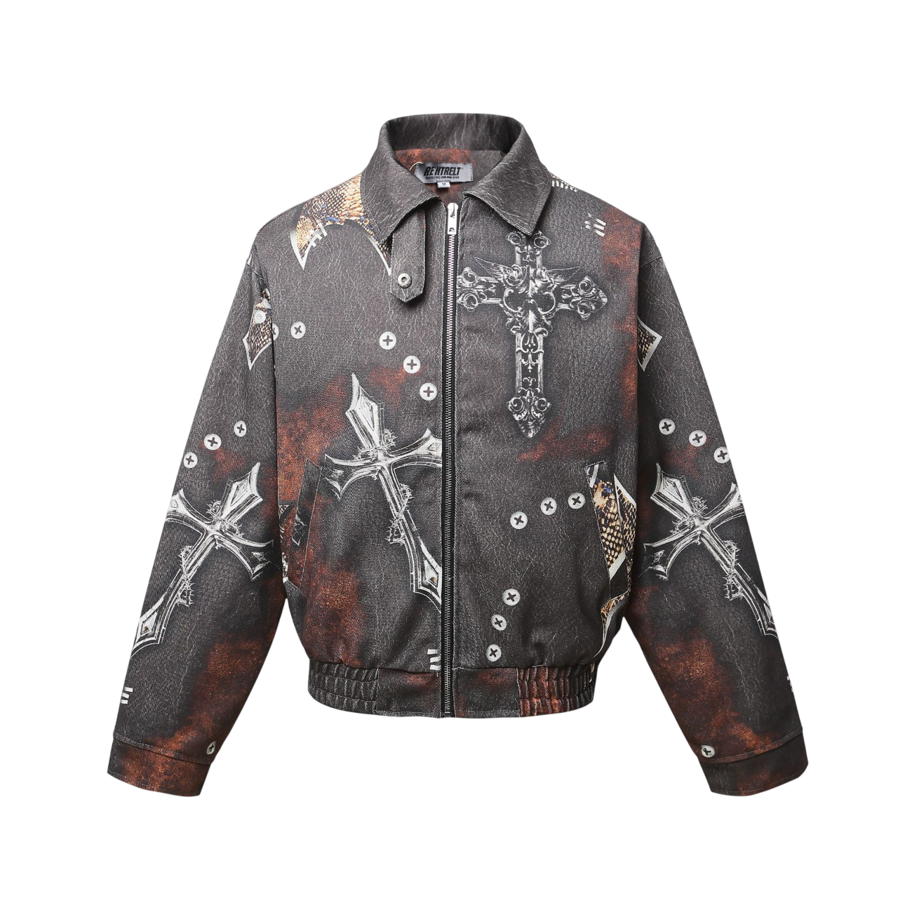 ARC BoxDrift graphic streetwear jacket front view with cross print design and turn down collar