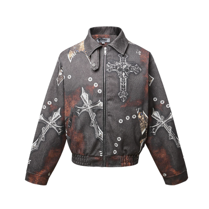 ARC BoxDrift graphic streetwear jacket front view with cross print design and turn down collar