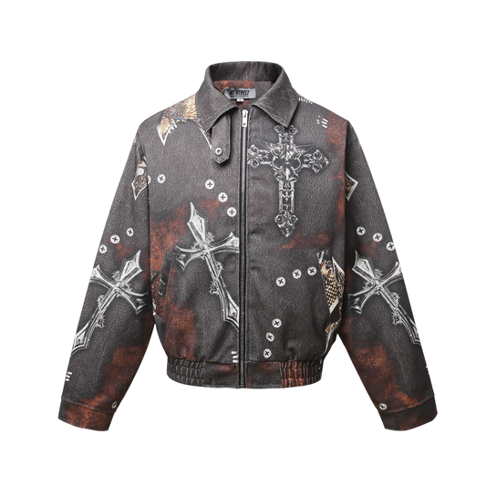 ARC BoxDrift graphic streetwear jacket front view with cross print design and turn down collar