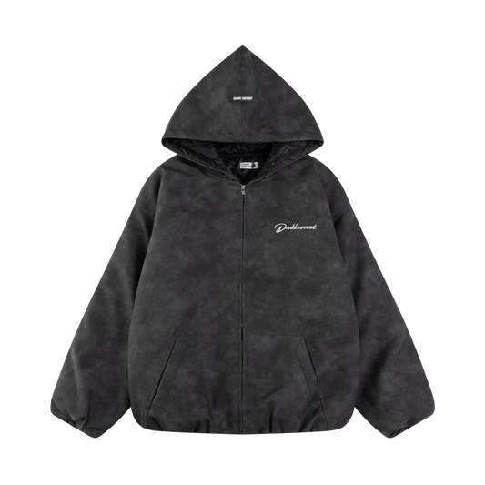 ARC NightDye black vintage washed zip jacket front view retro streetwear hooded jacket