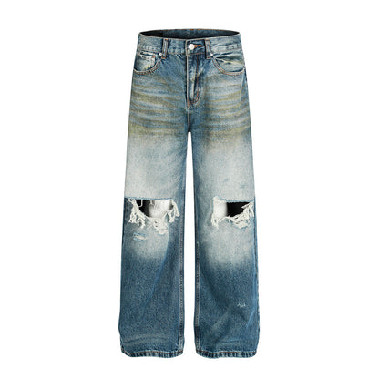Post-Apocalyptic Style Heavy-Work Distressed Faded Washed Denim Trousers Men's High Street Retro Faded Vintage Straight Leg Long Pants