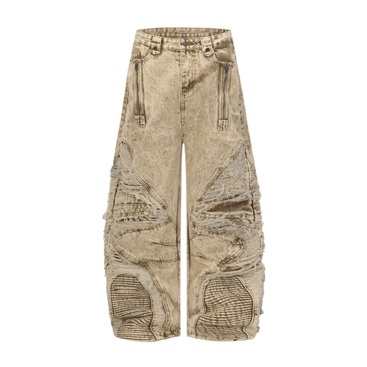 BladeWasteland distressed streetwear pants front view yellow washed denim with ripped knee panels and zipper pockets
