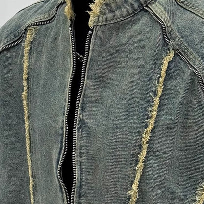 Retro Deconstruction Fringed Washed Denim Jacket – Vintage Edge, Modern Street Vibe