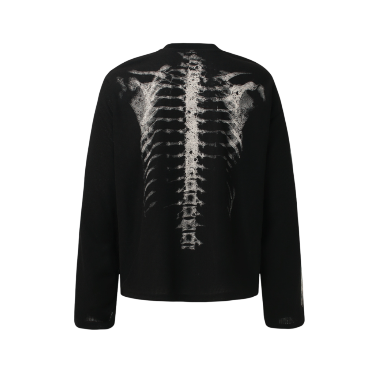 Black GravePrint streetwear long sleeve shirt back view with skeletal spine graphic print design
