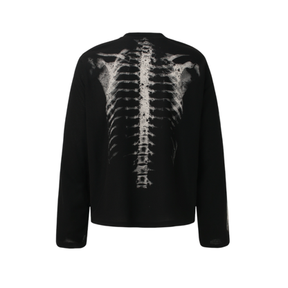 Black GravePrint streetwear long sleeve shirt back view with skeletal spine graphic print design