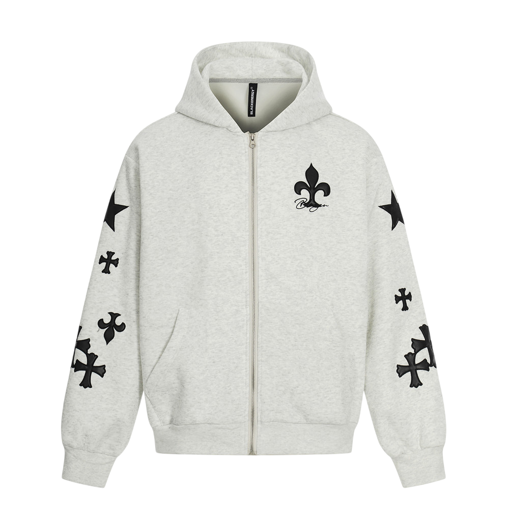 ARC FrostCross gray streetwear zip hoodie front view with embroidered cross graphics and hooded design