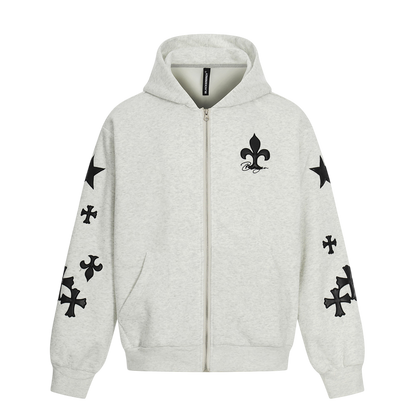 ARC FrostCross gray streetwear zip hoodie front view with embroidered cross graphics and hooded design