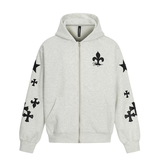 ARC FrostCross gray streetwear zip hoodie front view with embroidered cross graphics and hooded design