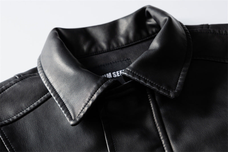 Casual Sand-Washed Heavy Work PU Leather Jacket Men and Women Motorcycle Jacket