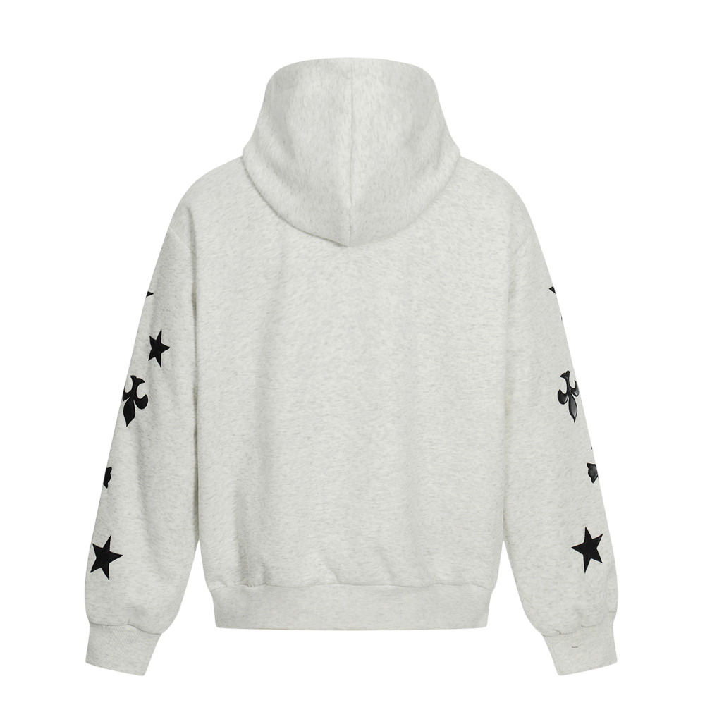 ARC FrostCross gray zip hoodie back view with star sleeve graphics streetwear cotton hoodie