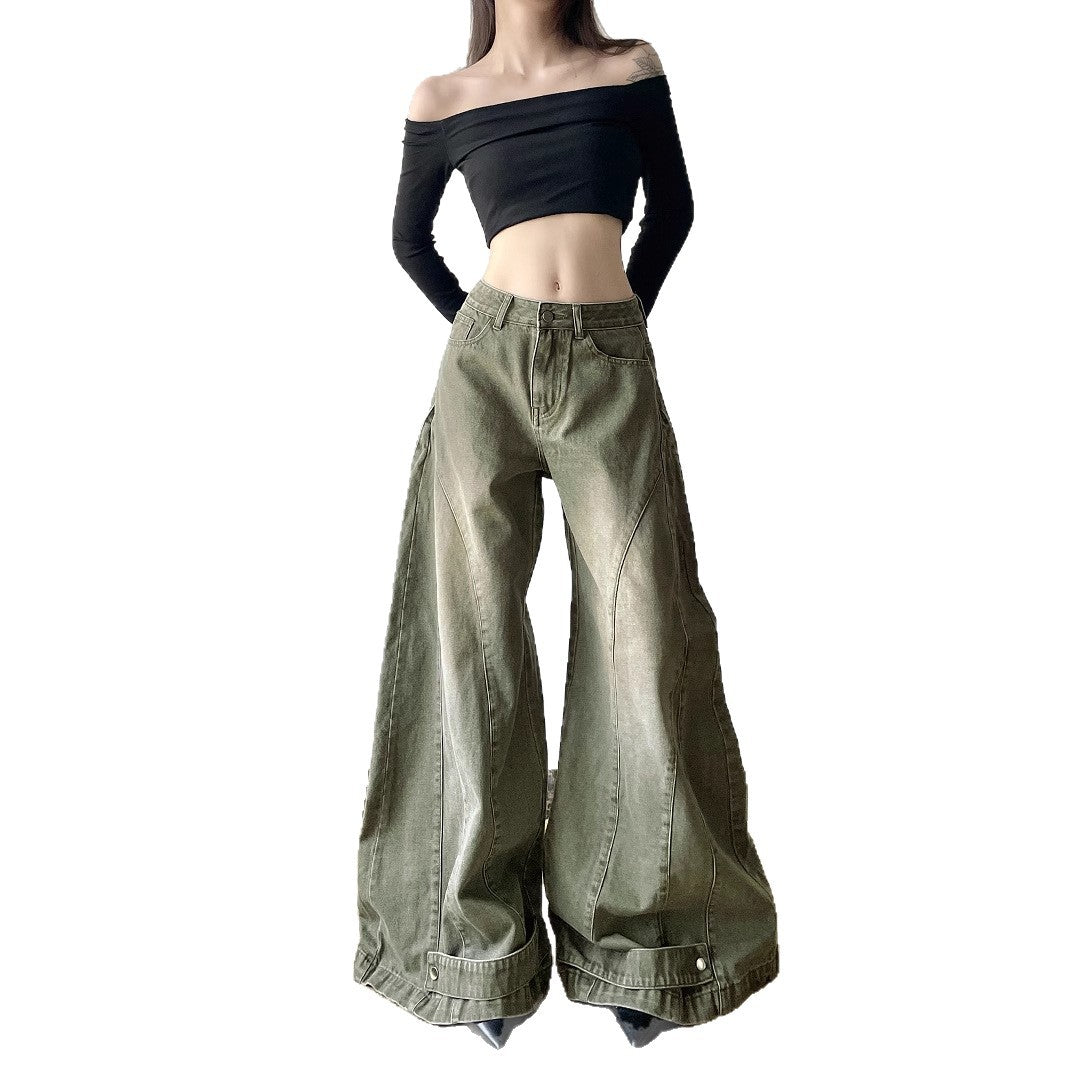 Street Style Green Flare Jeans – Water-Washed & Utility-Inspired