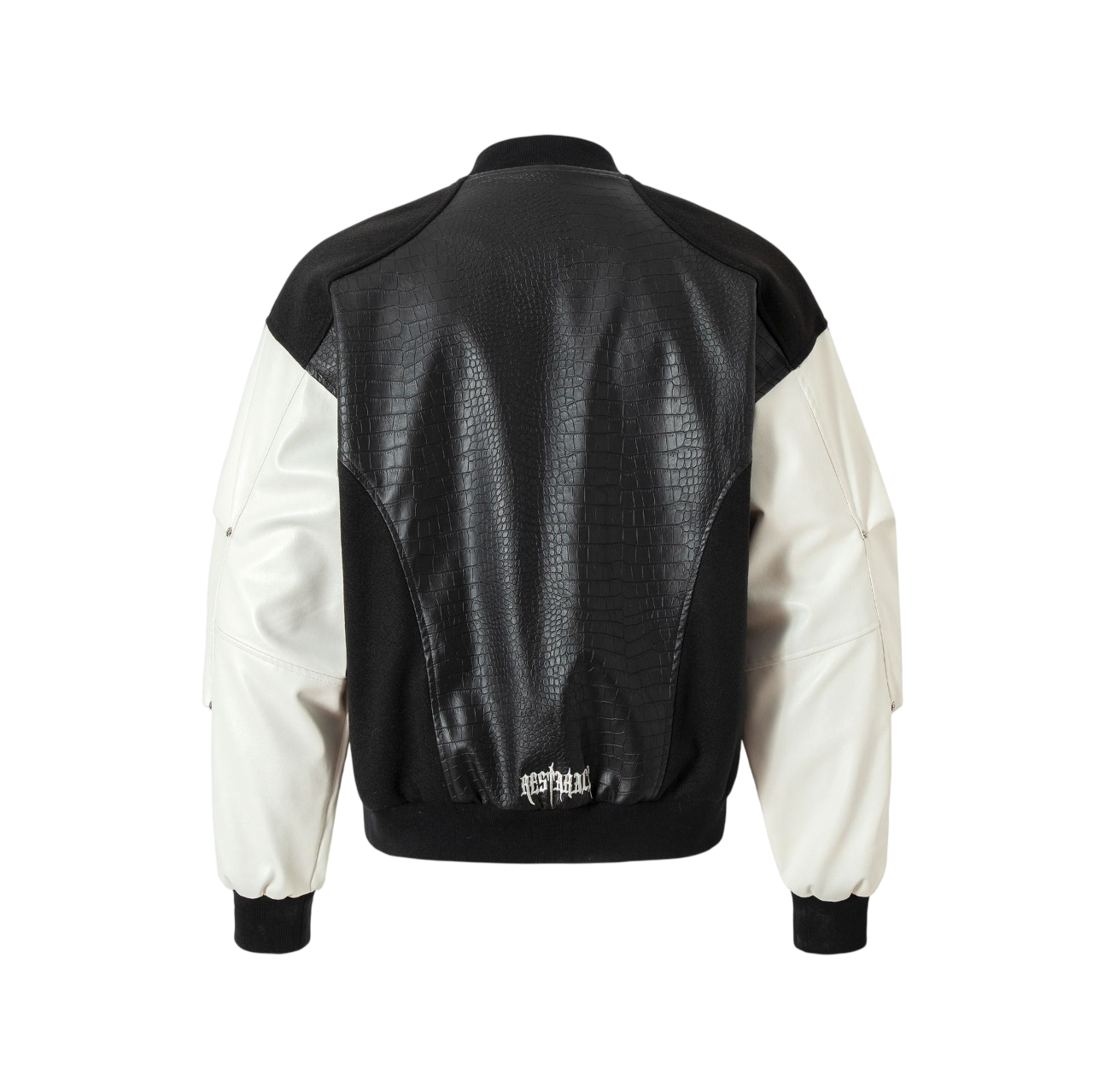 BlackSanctum black gothic streetwear jacket back view with textured leather panel