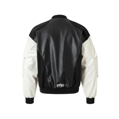 BlackSanctum black gothic streetwear jacket back view with textured leather panel
