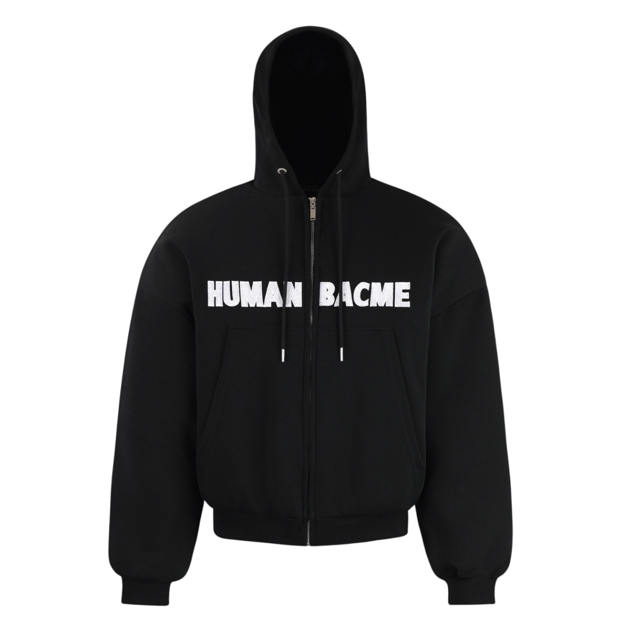 ARC BoxRogue black zip hoodie front view with HUMAN BACME text graphic oversized streetwear jacket