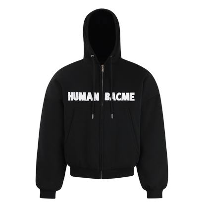 ARC BoxRogue black zip hoodie front view with HUMAN BACME text graphic oversized streetwear jacket